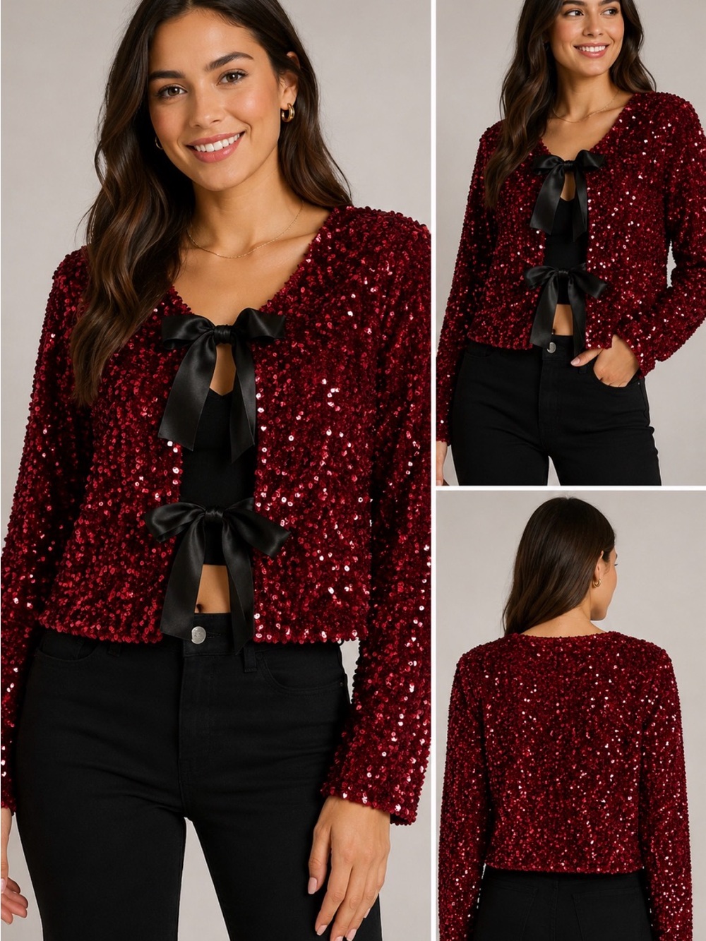 NWT Vigoss Red Sequin Tie Front Cropped Jacket XL Holiday Glam Cardigan
